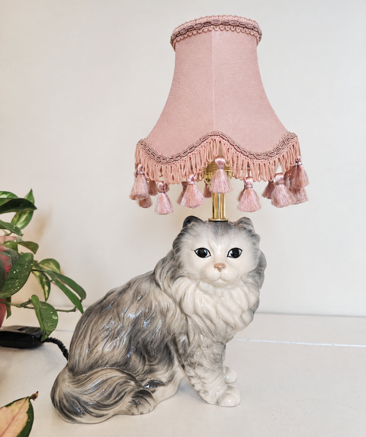 Vintage Reworked Grey Fluffy Cat Lamp