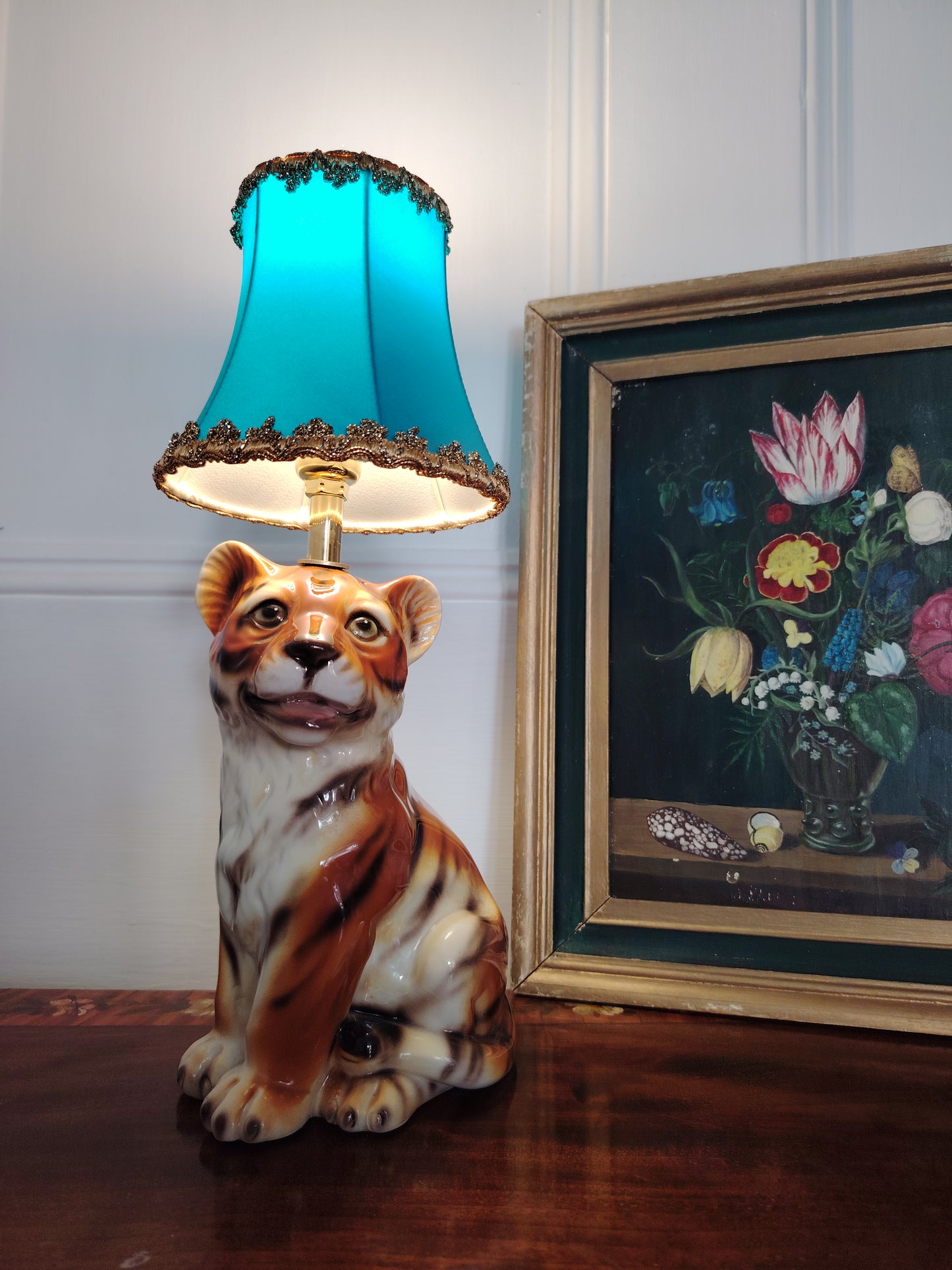 Reworked Mid-Century Small Tiger Cub Lamp Turquoise Shade