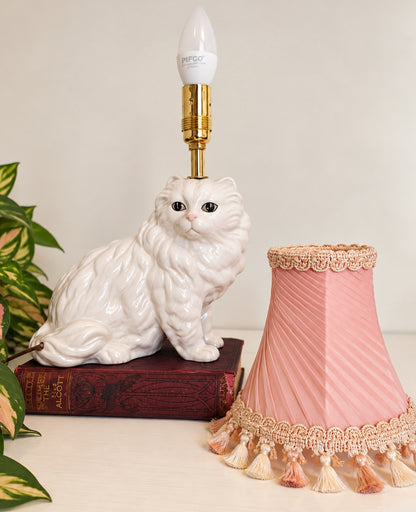 Vintage Reworked White Fluffy Persian Cat Lamp