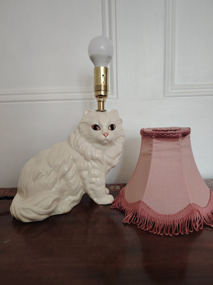 Vintage Reworked White Fluffy Ceramic Cat Lamp