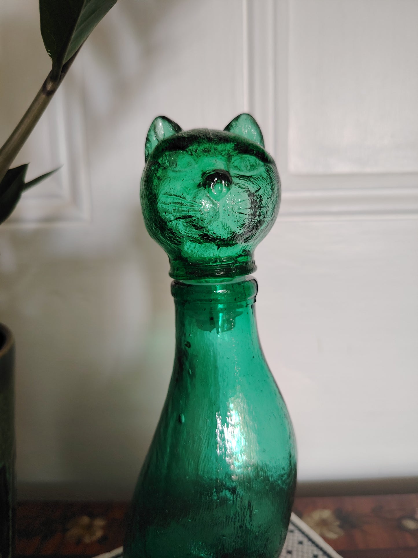 Mid Century Small Green Glass Cat Shaped Empoli Bottle