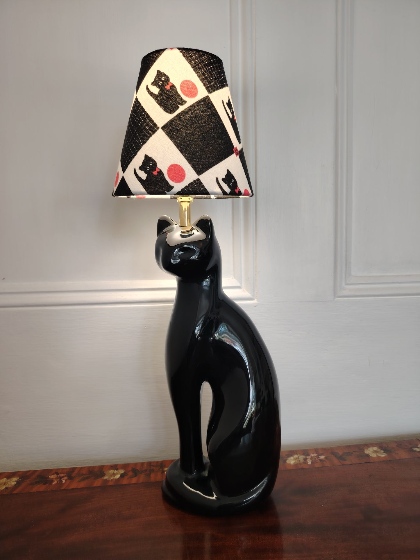 Vintage Reworked Black Cat Lamp with Handmade Shade ❤️🐈‍⬛