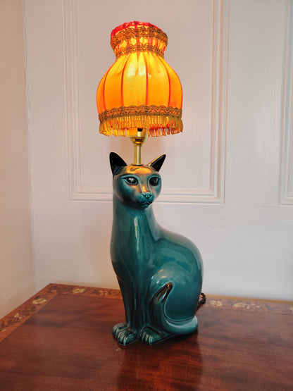 Stunning Blue Mid Century Poole Pottery Reworked Cat Lamp