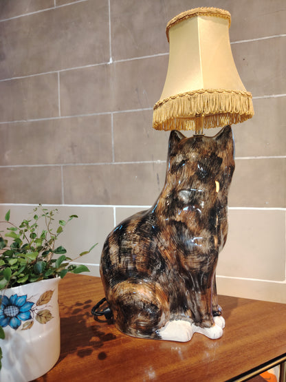 Large Vintage Reworked Hand Painted  Cat Lamp