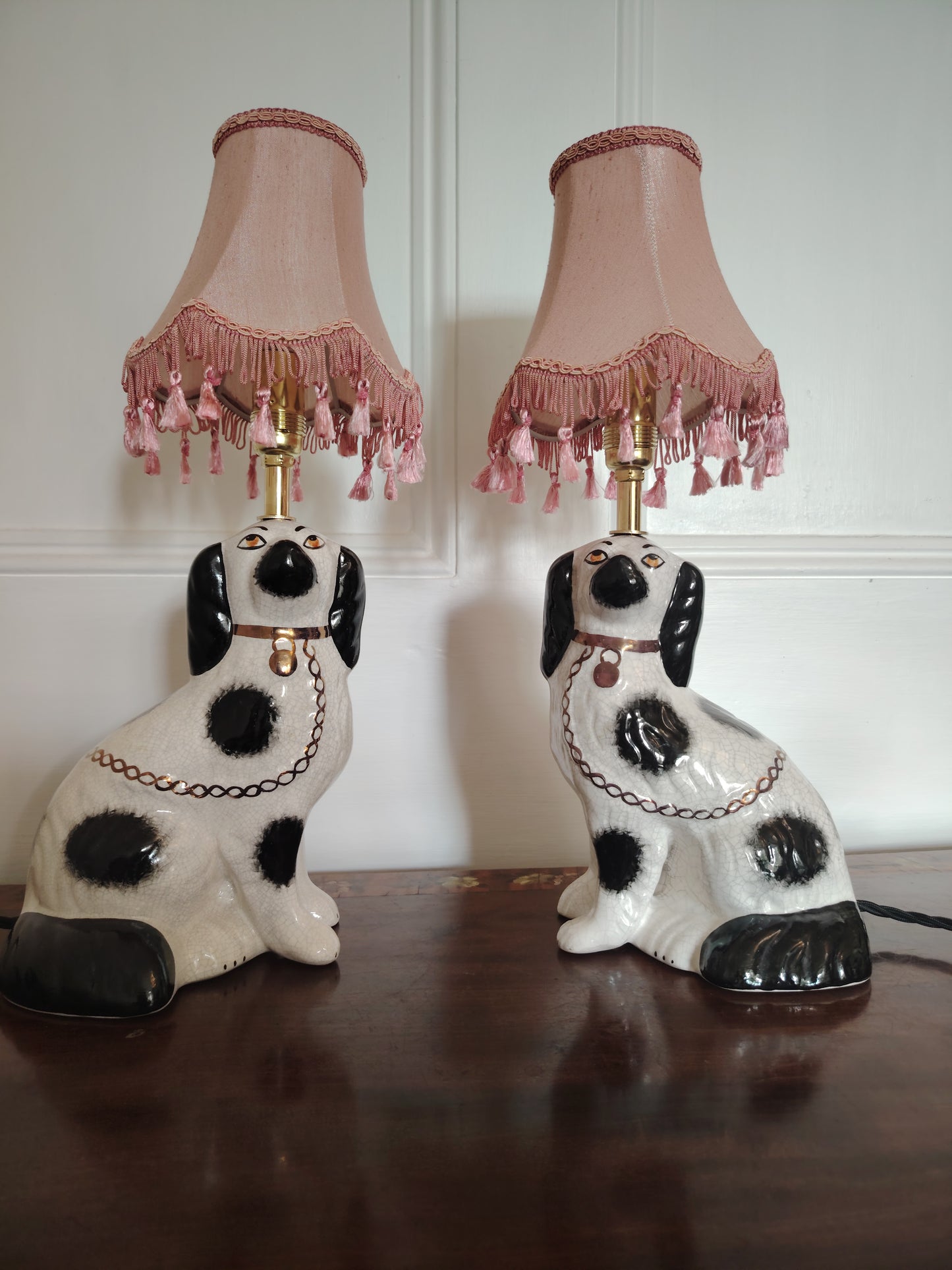 Pair of Vintage Reworked Staffordshire Pot Dog Lamps