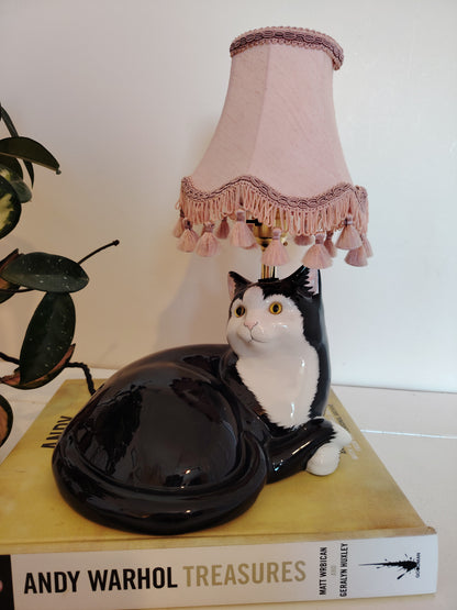 Large Vintage Upcycled Lying Down Tuxedo Cat Lamp
