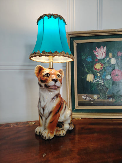 Reworked Mid-Century Small Tiger Cub Lamp Turquoise Shade