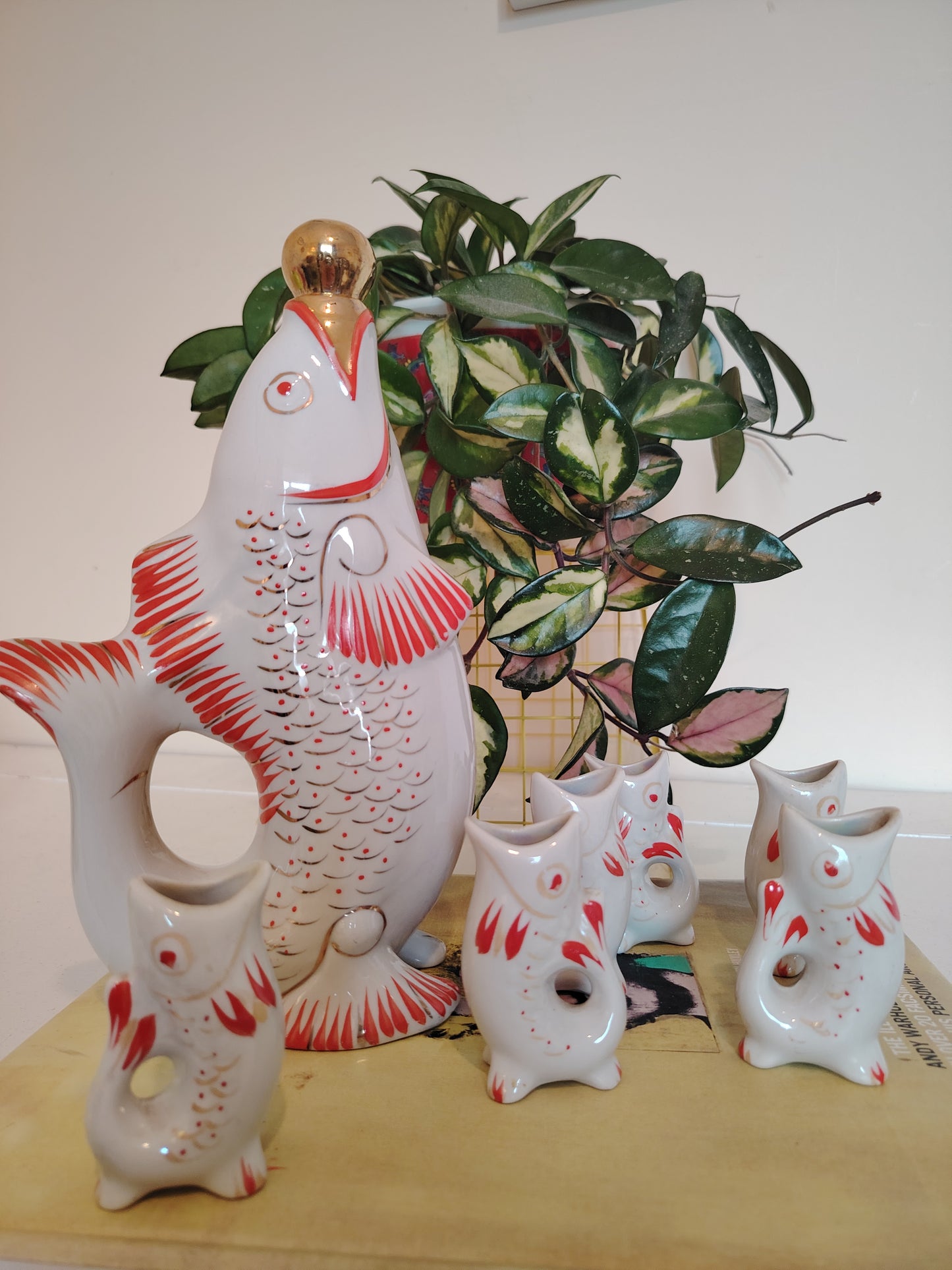 Amazing Vintage Porcelain Fish Decanter Set with 6 Small Fish Glasses