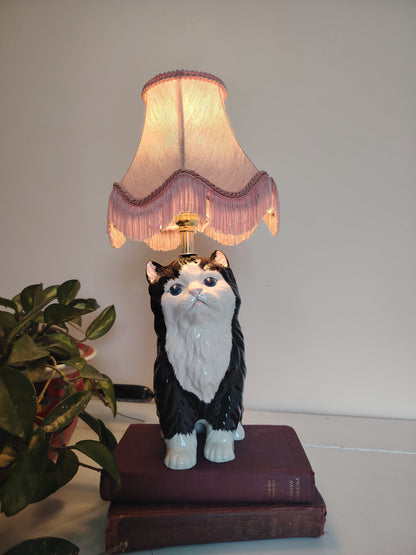 Vintage Reworked Small Fluffy Tuxedo Cat Lamp