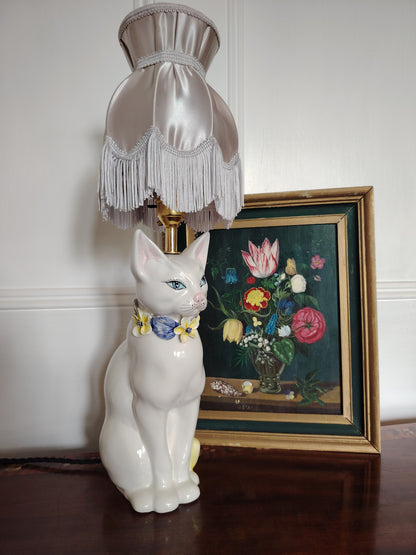 Beautiful Reworked Italian Cat Lamp with Floral Details