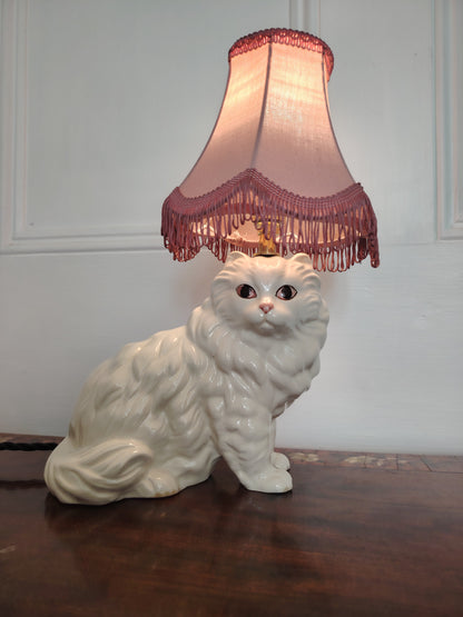 Vintage Reworked White Fluffy Ceramic Cat Lamp