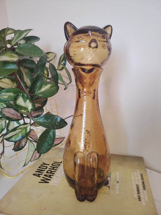 Mid Century Amber Glass Cat Shaped Empoli Bottle Decanter