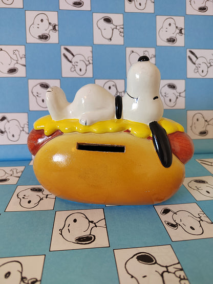 Rare Vintage Snoopy on a Hot Dog ceramic money bank