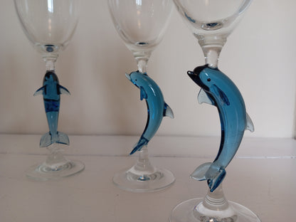 Set of 5 vintage wine glasses with dolphin stems