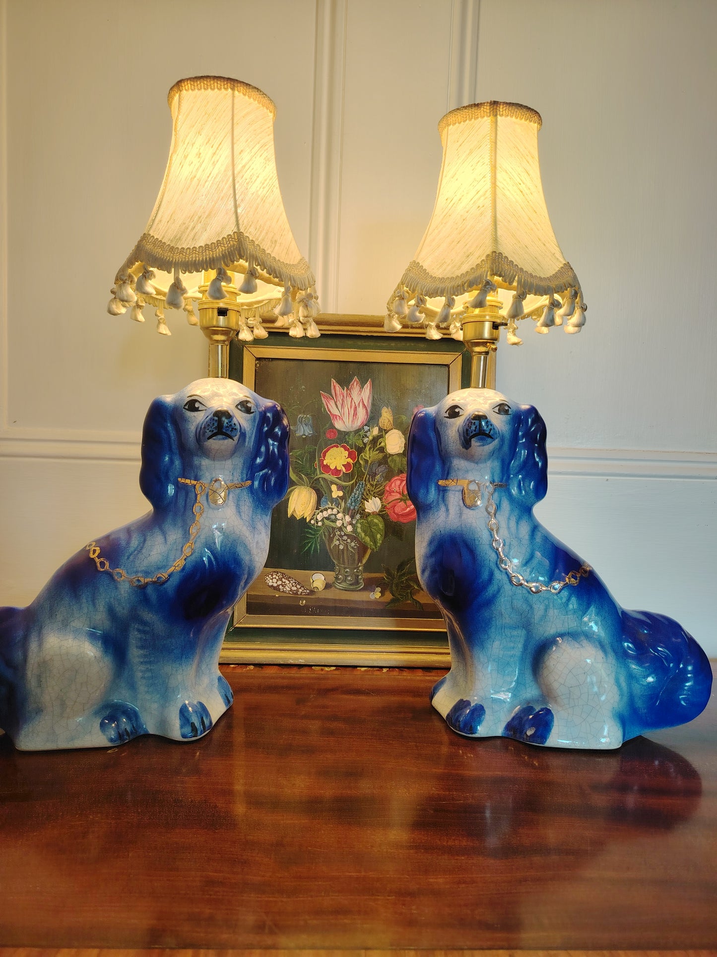 Large Pair of Reworked Staffordshire Style Blue and Gold Pot Dog Lamps