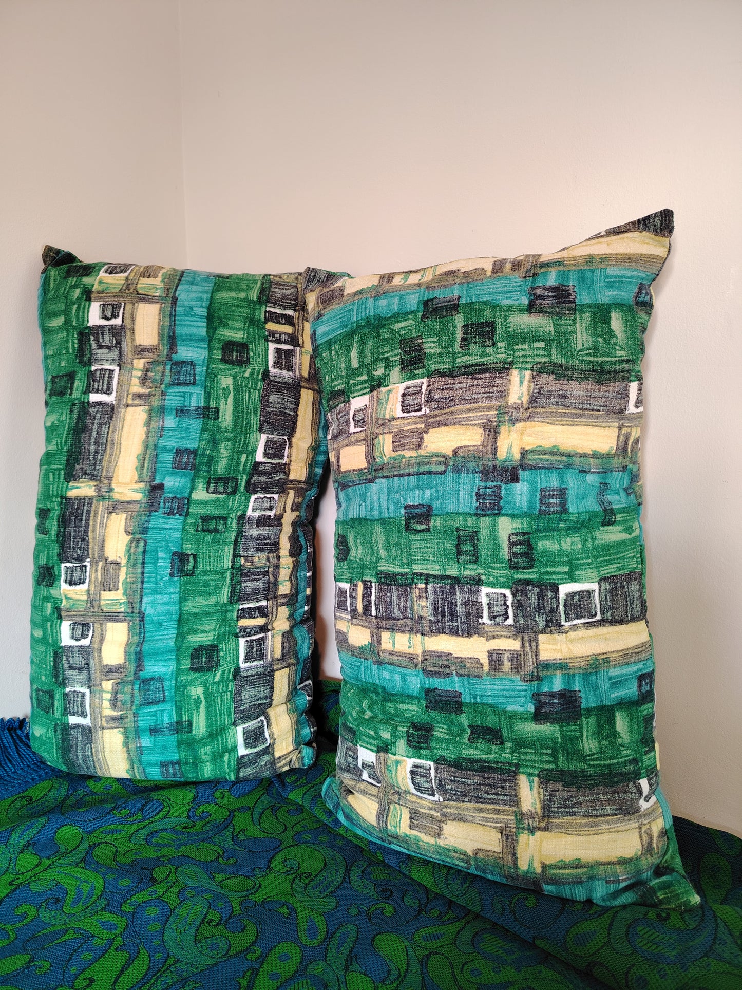 Pair of Large Vintage Bark cloth Bolster Cushions