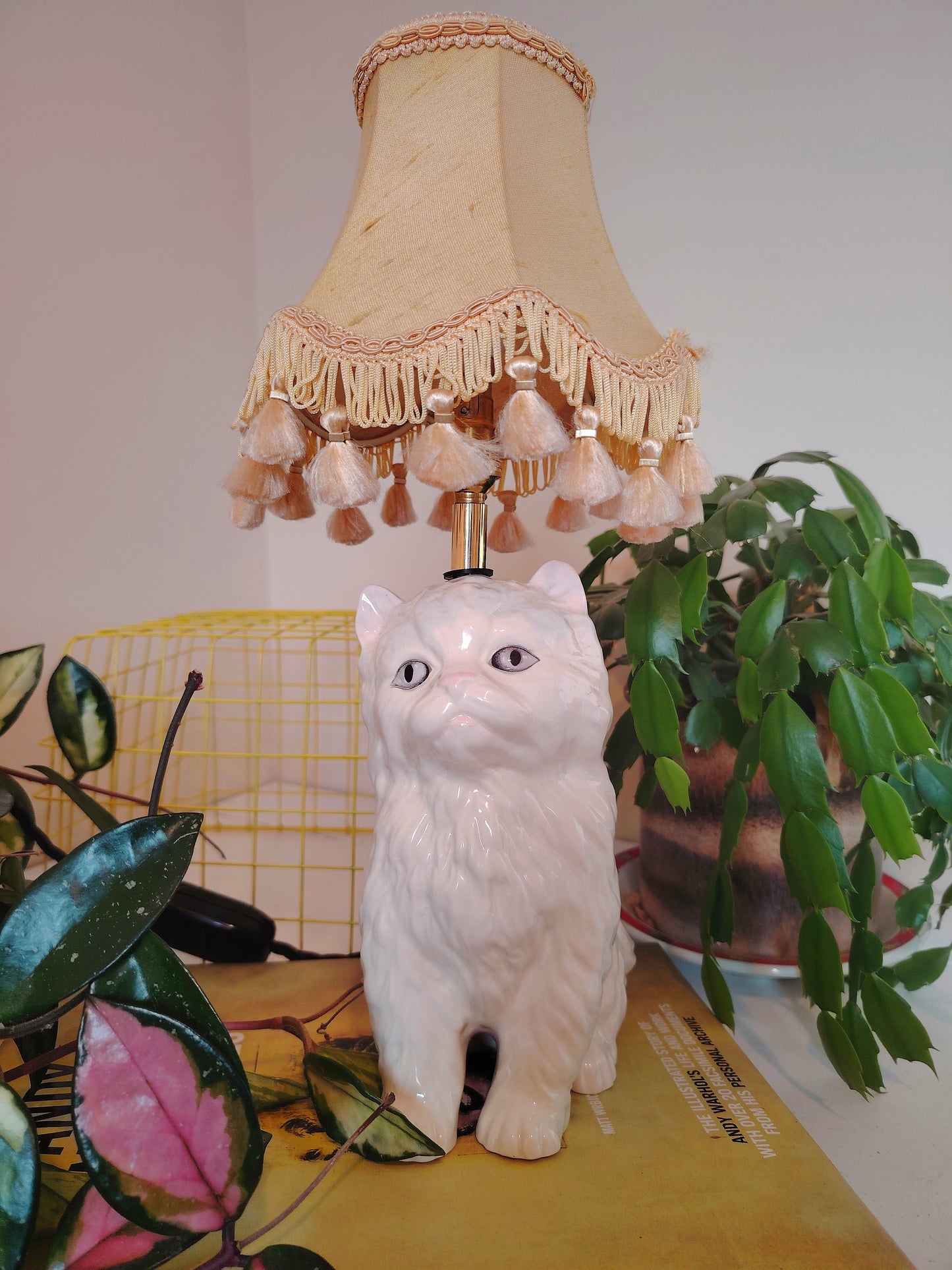 Vintage Upcycled White Kitten Lamp