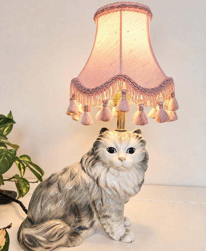 Vintage Reworked Grey Fluffy Cat Lamp