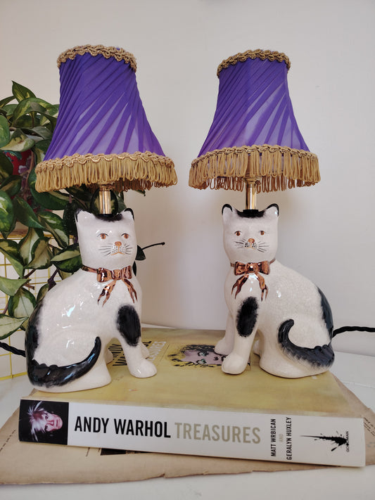 Pair of Vintage Cats with Purple Shades upcycled lamps