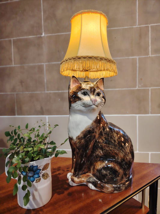 Large Vintage Reworked Hand Painted  Cat Lamp