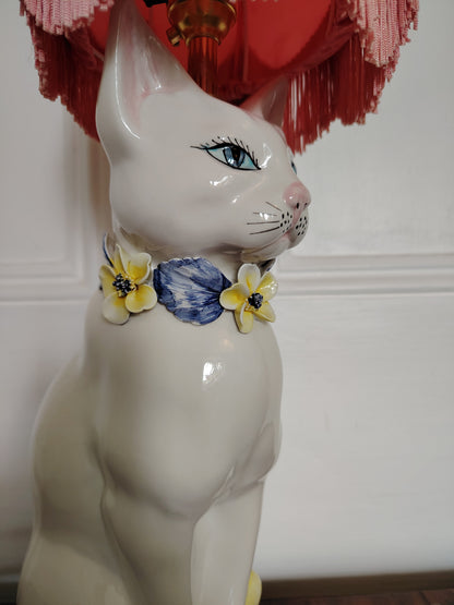 Beautiful Reworked Italian Cat Lamp with Floral Details