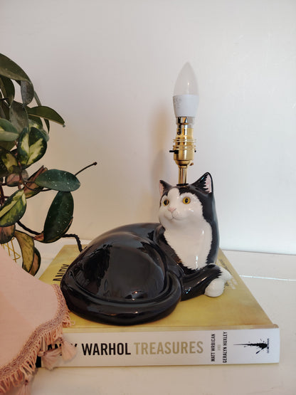 Large Vintage Upcycled Lying Down Tuxedo Cat Lamp