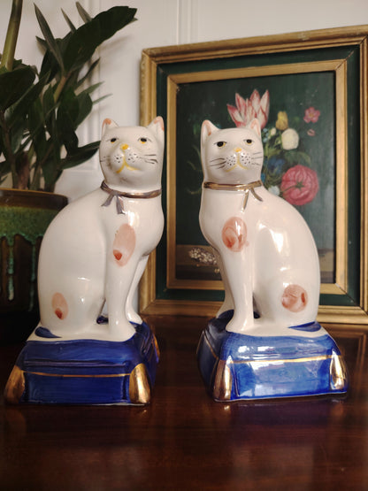 Large Pair of Staffordshire Style Porcelain Cats on a Pillow/ Mantle Decor