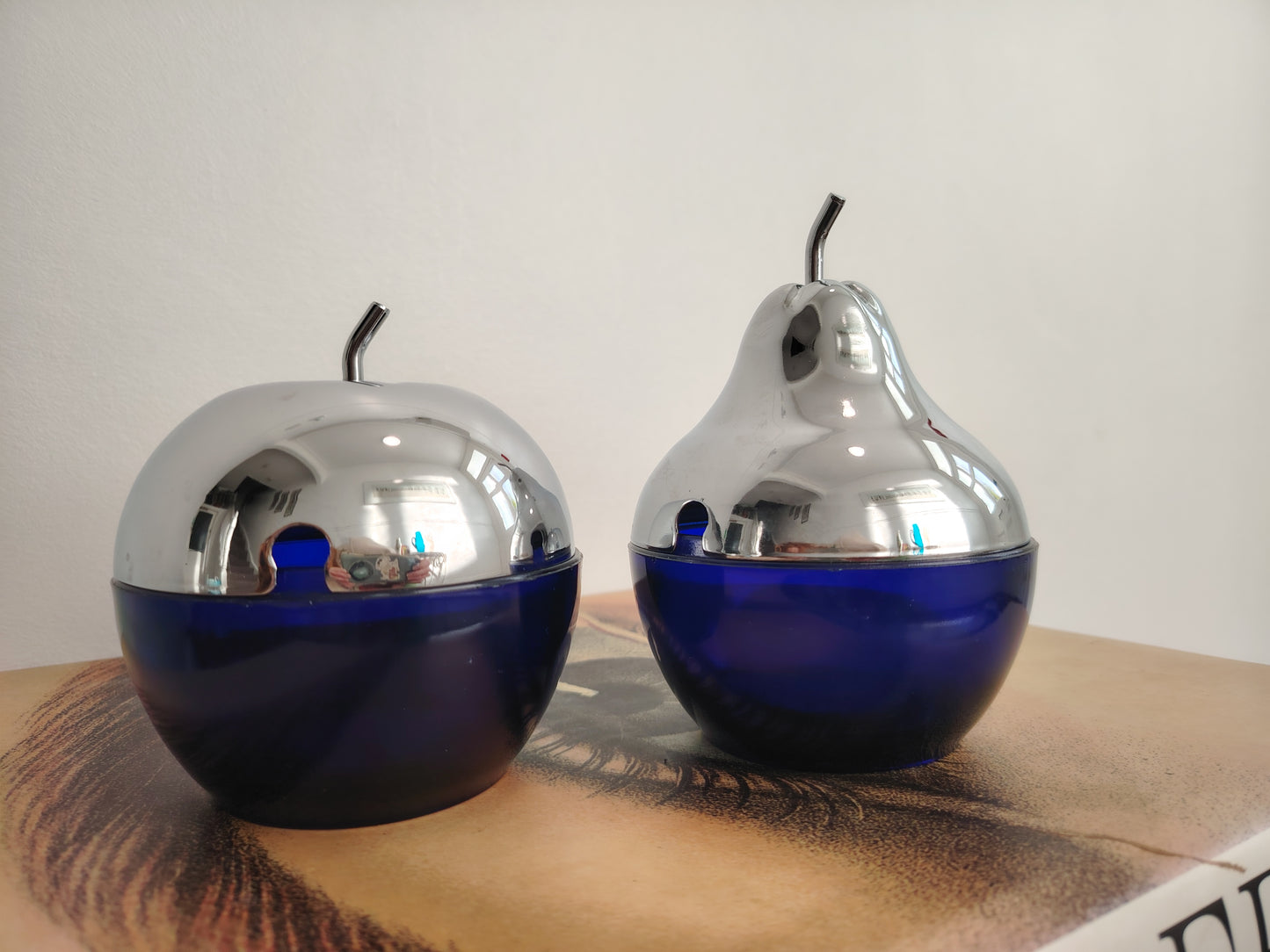 Pair of 70's cobalt blue glass and silver Apple and Pear pots