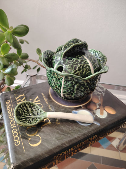 Small Size Vintage Portuguese Cabbage Ware Leaf Condiment Pot with Spoon