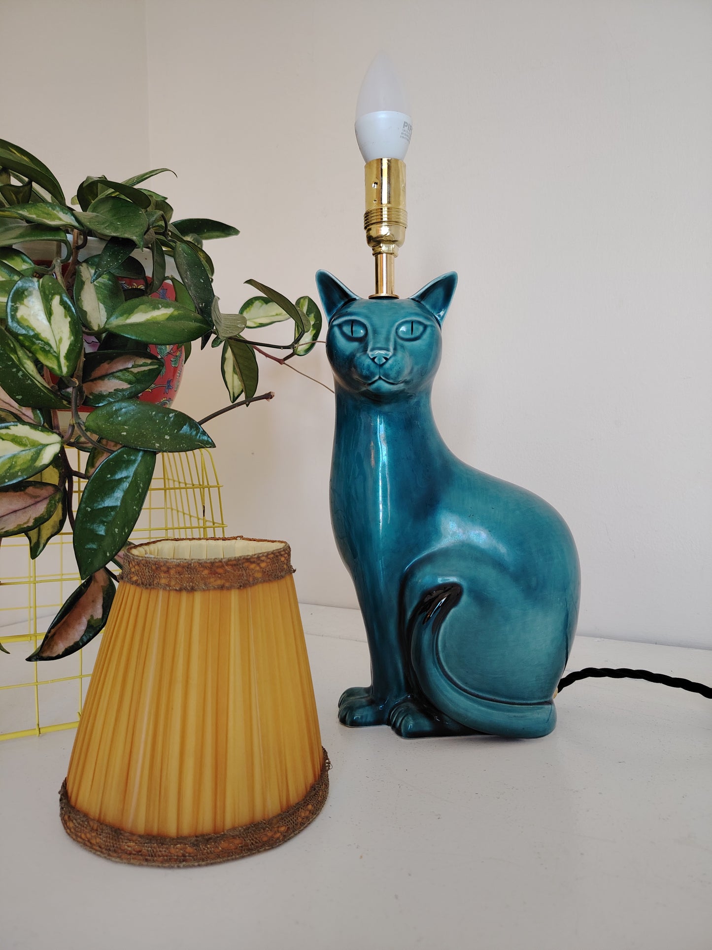 Stunning Blue Mid Century Poole Pottery Reworked Cat Lamp