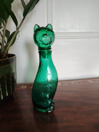 Mid Century Small Green Glass Cat Shaped Empoli Bottle