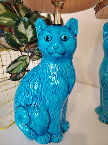 Pair of Stunning Vintage Turquoise Cat Lamps