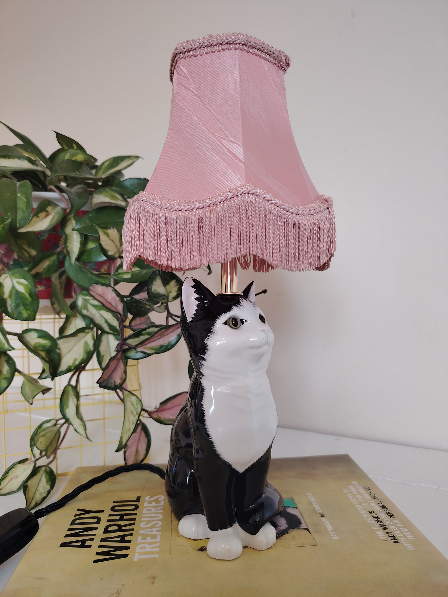 Vintage Upcycled Small Black and White Cat Lamp