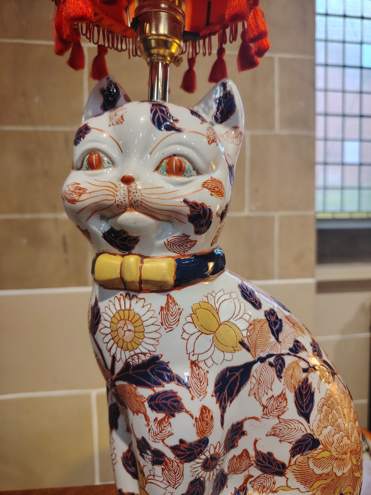 Reworked Antique Floral Imari Cat Lamp