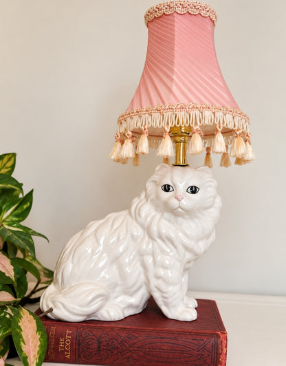 Vintage Reworked White Fluffy Persian Cat Lamp