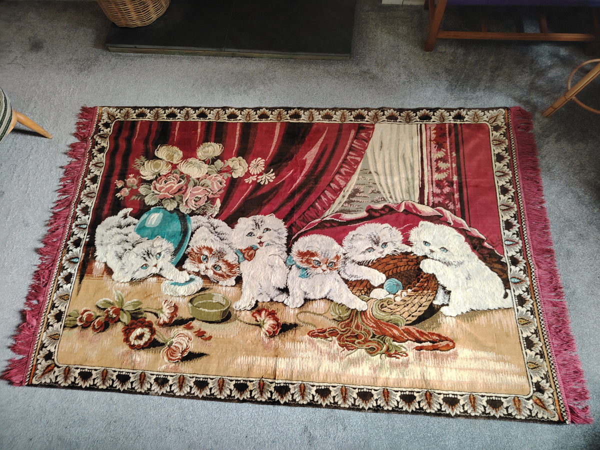 Large Vintage Velvet Kittens Rug/ Tapestry