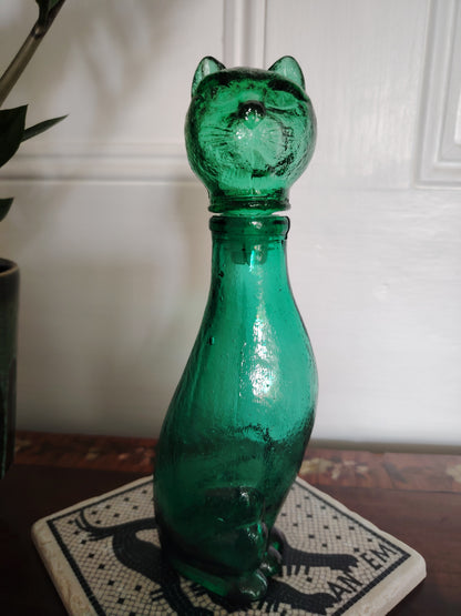 Mid Century Small Green Glass Cat Shaped Empoli Bottle