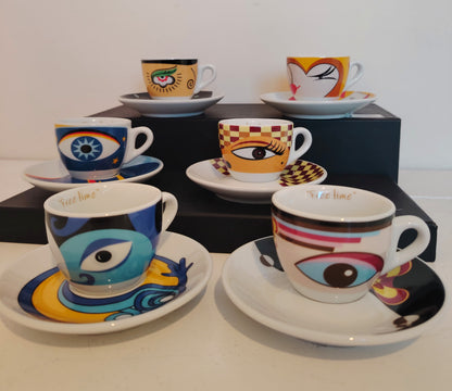 Set of 6 Vintage Eye Design Espresso Cups and Saucers
