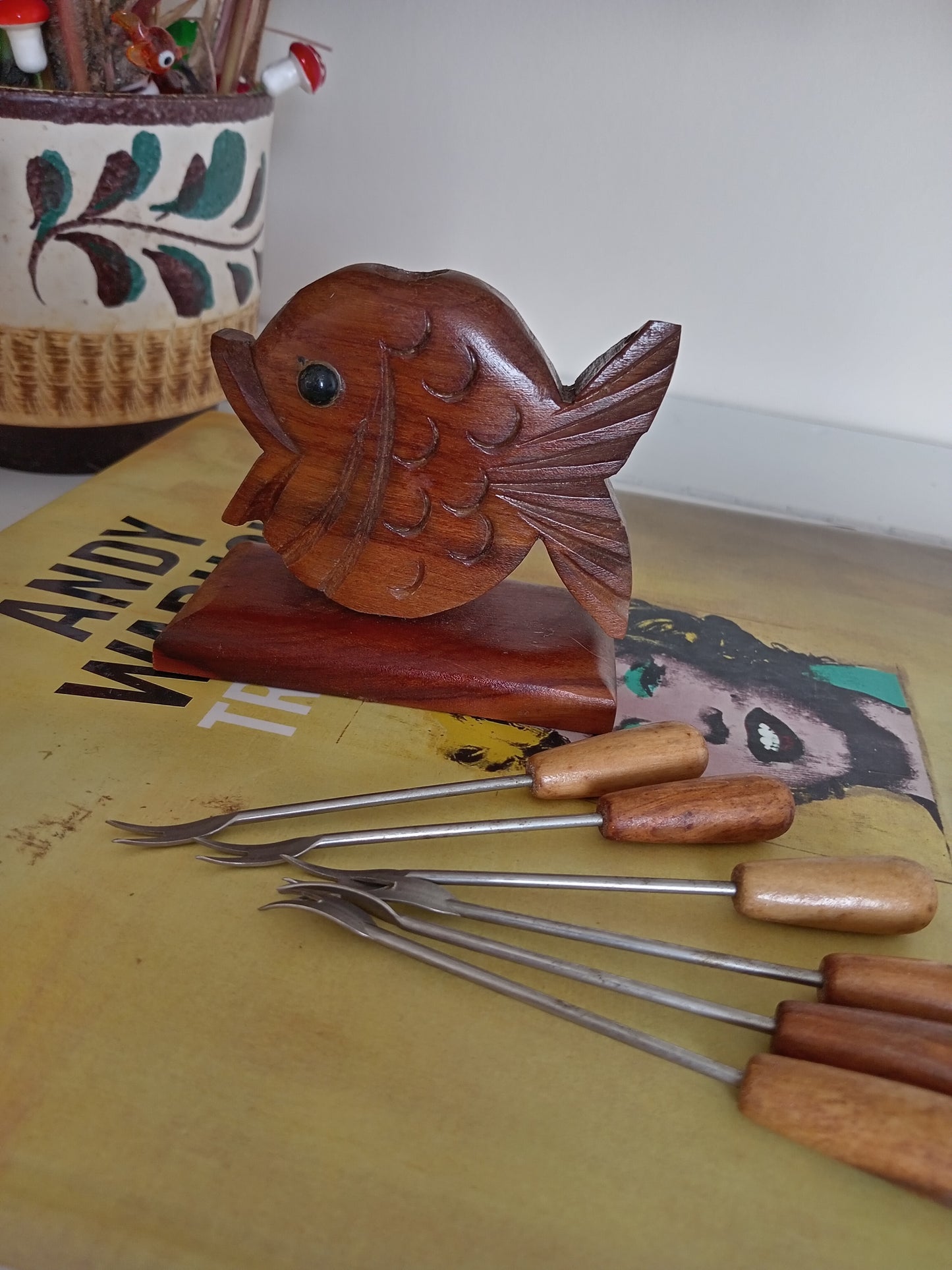 Mid Century Teak Fish Cocktail Fork Holder