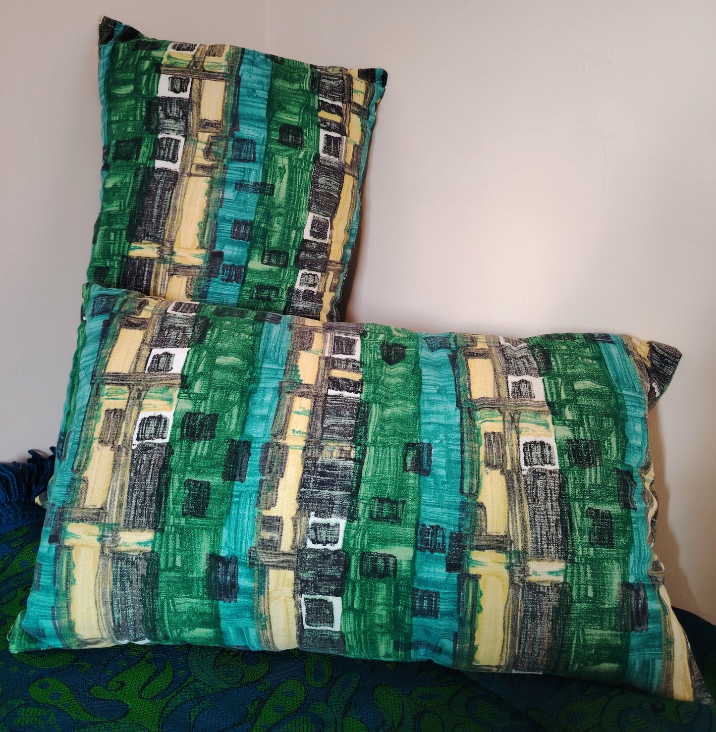 Pair of Large Vintage Bark cloth Bolster Cushions