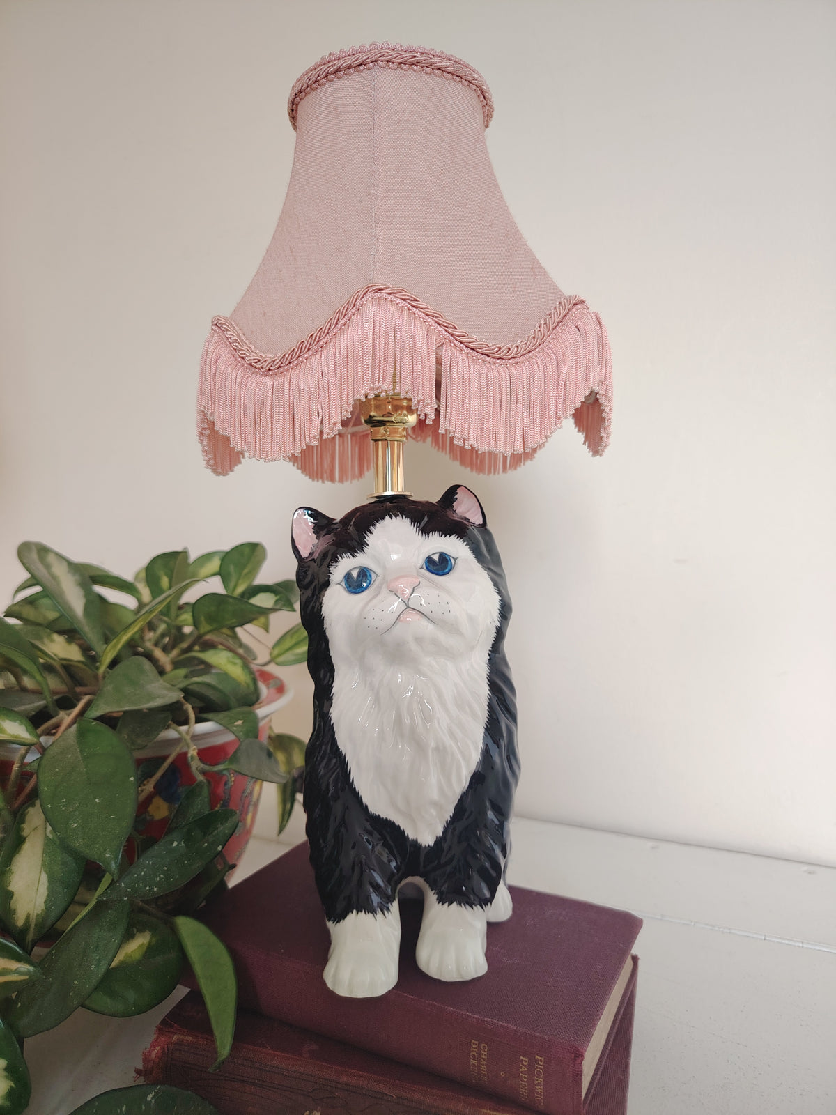 Vintage Reworked Small Fluffy Tuxedo Cat Lamp