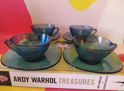 Set of 4 Vintage Blue Glass Cup and Saucers