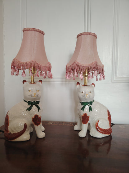 Vintage Pair of Reworked Staffordshire Style Cat Lamps With Pink Shades