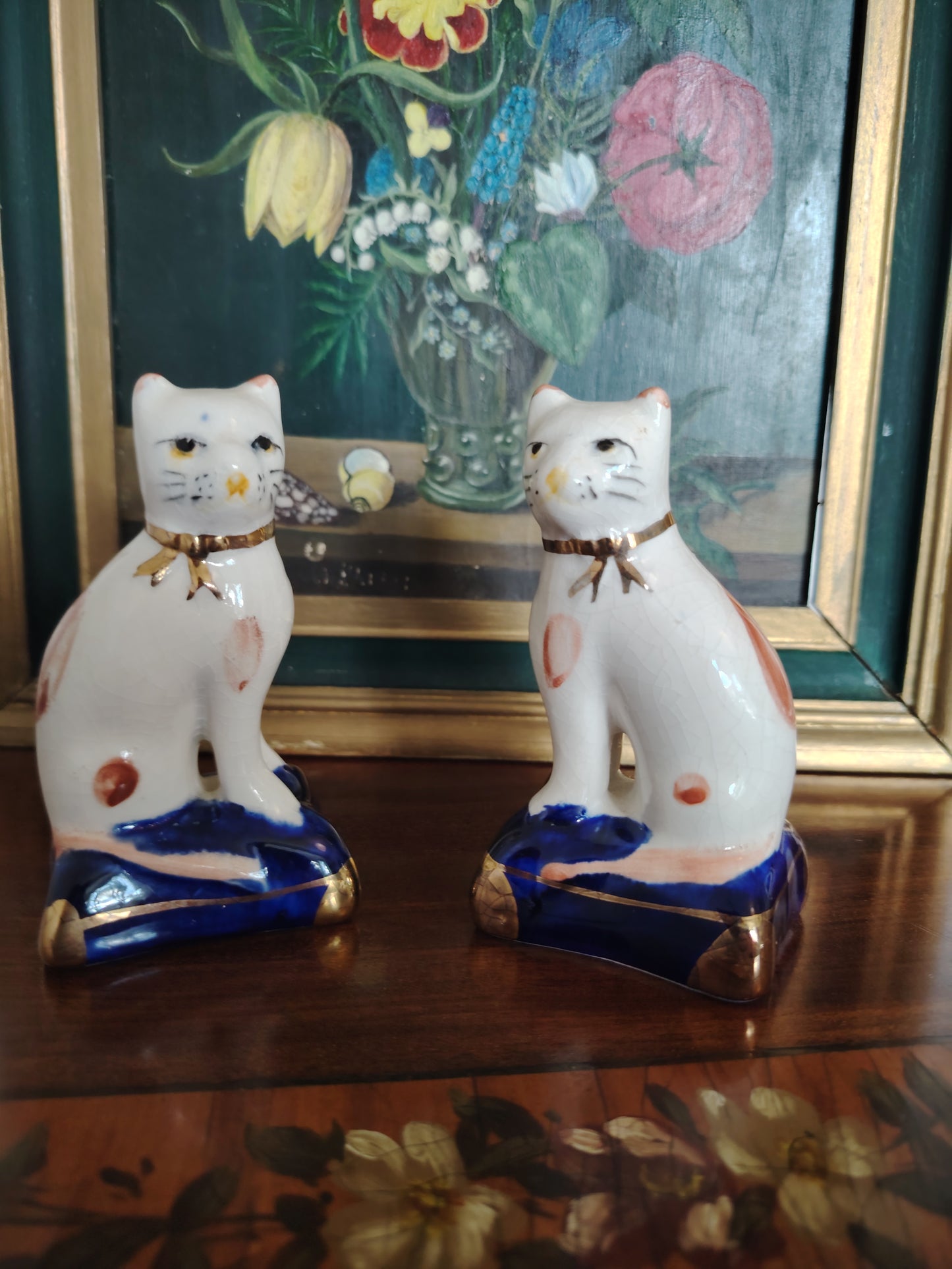 Sweet Pair of Staffordshire Style Porcelain Cats on a Pillow/ Mantle Decor