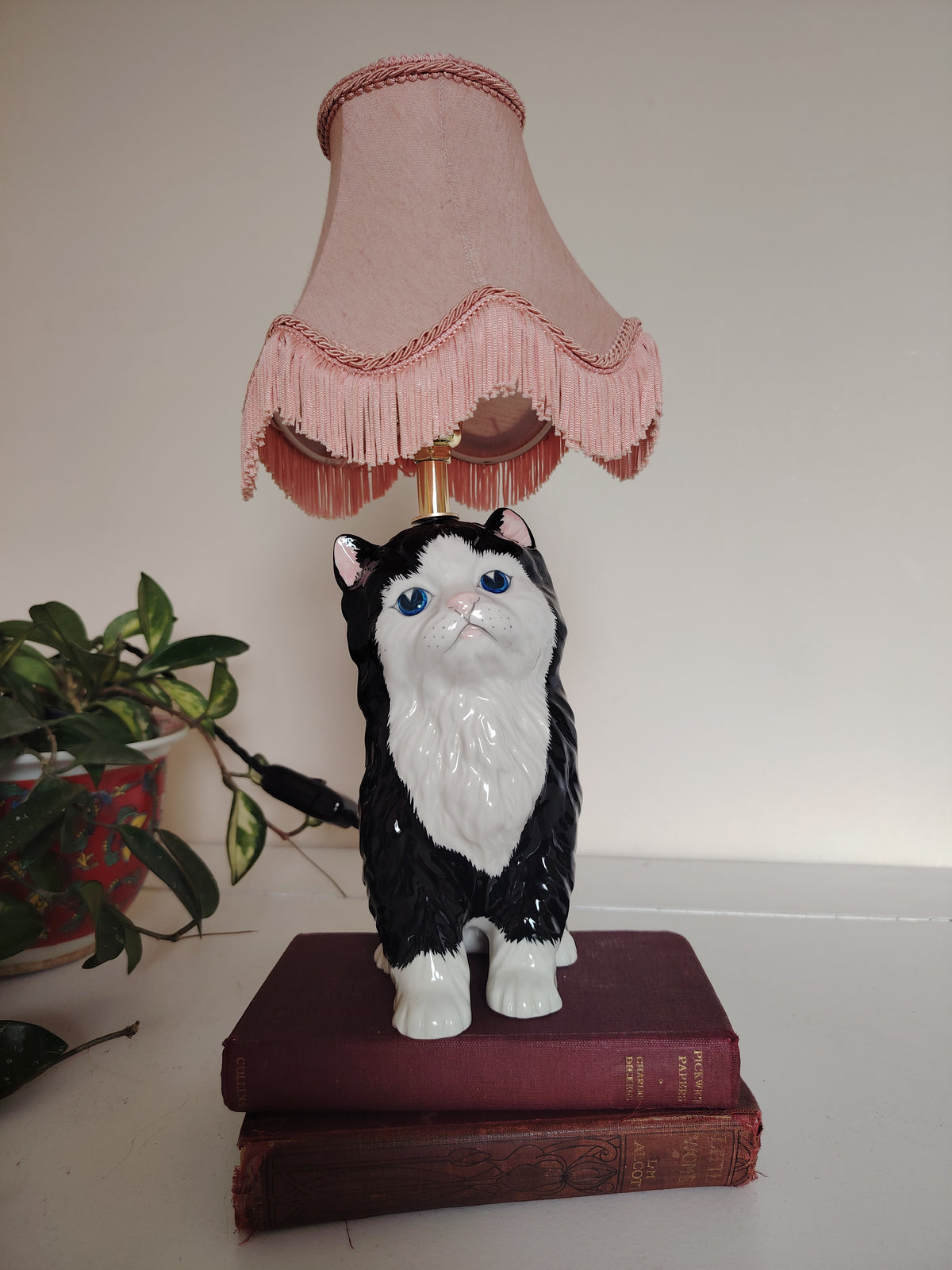 Vintage Reworked Small Fluffy Tuxedo Cat Lamp