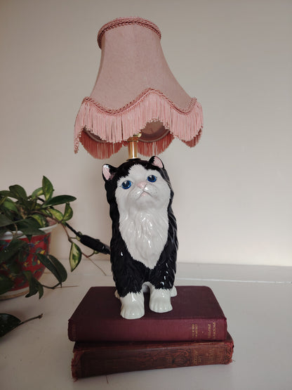 Vintage Reworked Small Fluffy Tuxedo Cat Lamp