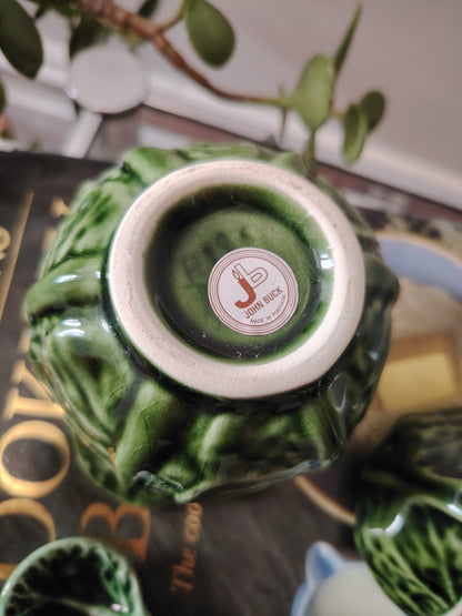 Small Size Vintage Portuguese Cabbage Ware Leaf Condiment Pot with Spoon