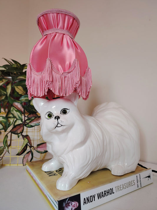 Large Vintage Upcycled White Cat Lamp