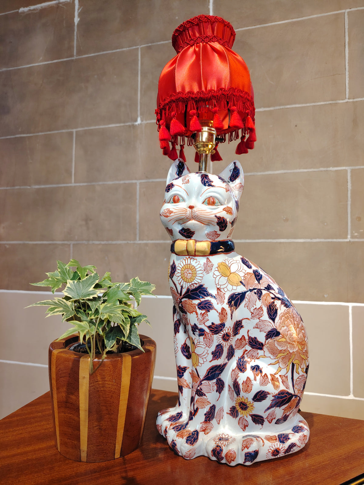 Reworked Antique Floral Imari Cat Lamp