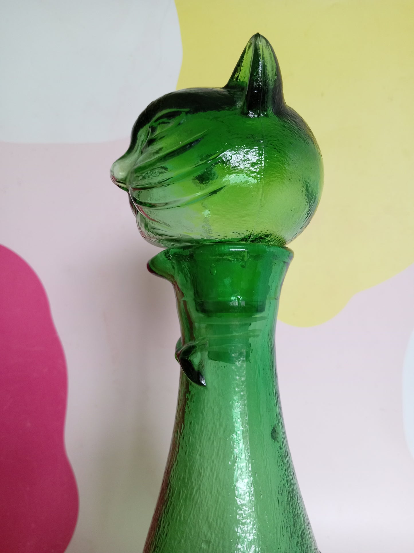 Mid Century Green Glass Cat Shaped Empoli Bottle Decanter